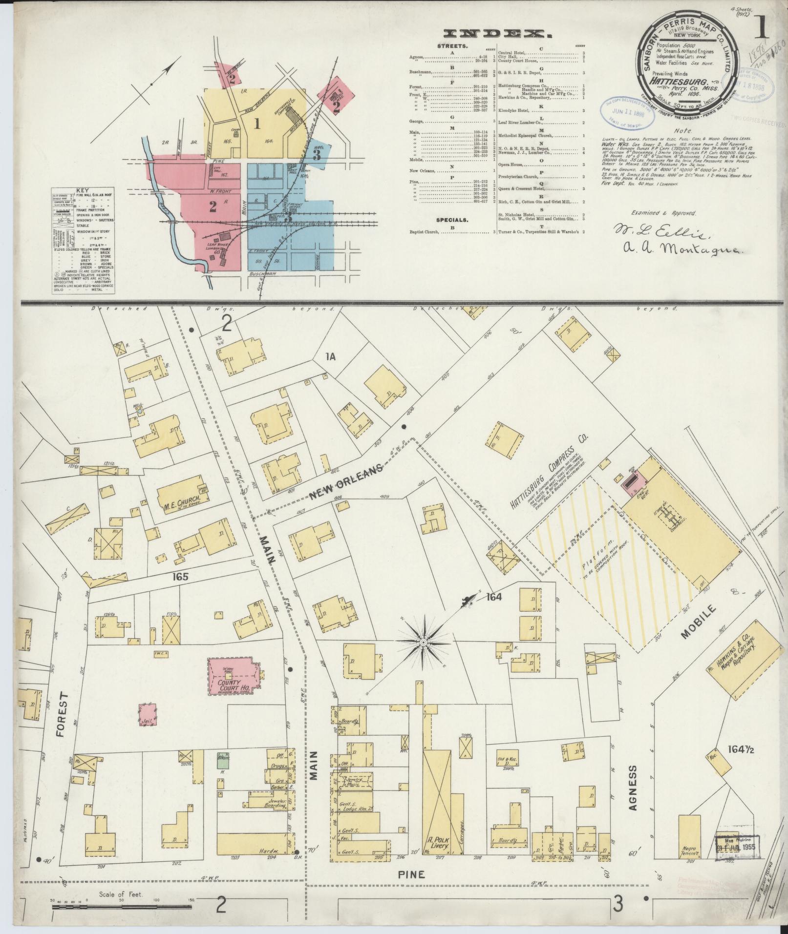 Sanborn Fire Insurance Map from Hattiesburg, Forrest County, Mississippi (1898), Sheet #0001 - Historic Sanborn Fire Insurance Map Print, vintage old map wall art, antique decor, genealogy gift, Mississippi Mississippi map