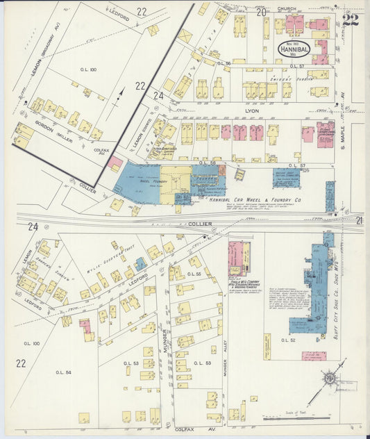 Sanborn Fire Insurance Map from Hannibal, Marion County, Missouri (1913), Sheet #0022 - Historic Sanborn Fire Insurance Map Print, vintage old map wall art, antique decor, genealogy gift, Missouri Missouri map