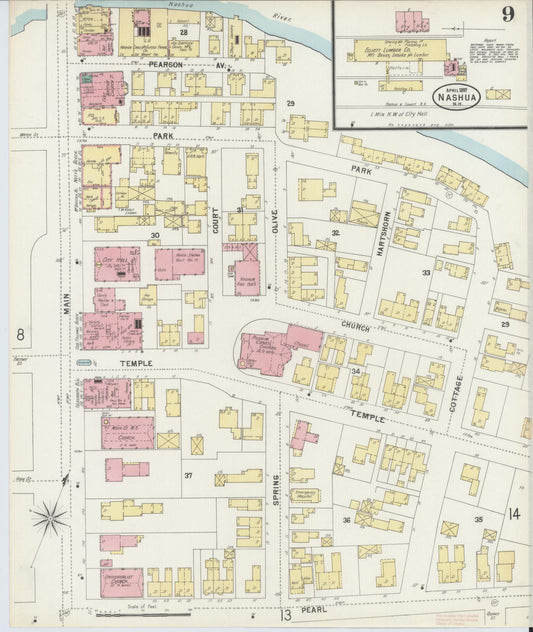 Sanborn Fire Insurance Map from Nashua, Hillsborough County, New Hampshire (1897), Sheet #0009 - Historic Sanborn Fire Insurance Map Print, vintage old map wall art, antique decor, genealogy gift, New Hampshire New Hampshire map