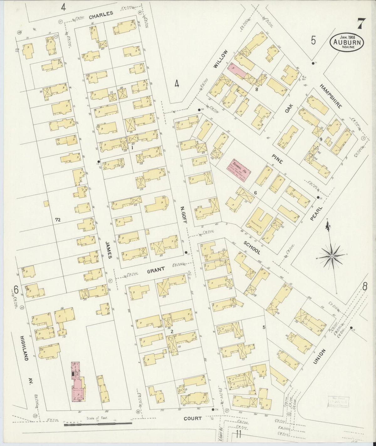 Sanborn Fire Insurance Map from Auburn, Androscoggin County, Maine (1908), Sheet #0007 - Historic Sanborn Fire Insurance Map Print, vintage old map wall art, antique decor, genealogy gift, Maine Maine map