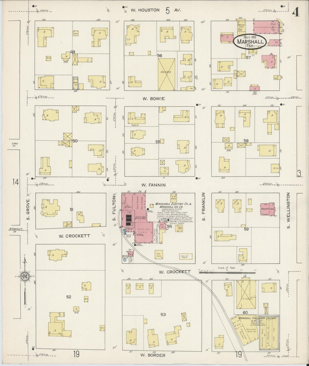 Sanborn Fire Insurance Map from Marshall, Harrison County, Texas (1915), Sheet #0004 - Complete Map Set gallery image, historic Sanborn map, vintage wall art, Texas Texas