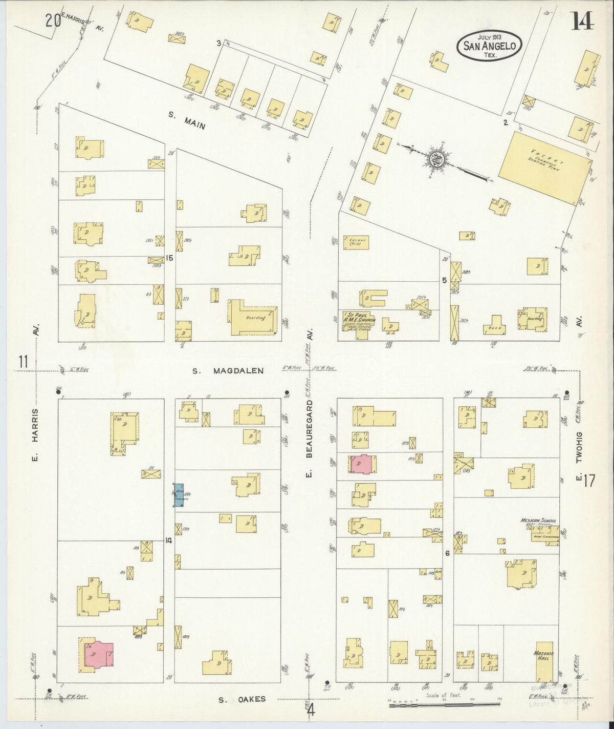Sanborn Fire Insurance Map from San Angelo, Tom Green County, Texas (1913), Sheet #0014 - Historic Sanborn Fire Insurance Map Print, vintage old map wall art, antique decor, genealogy gift, Texas Texas map