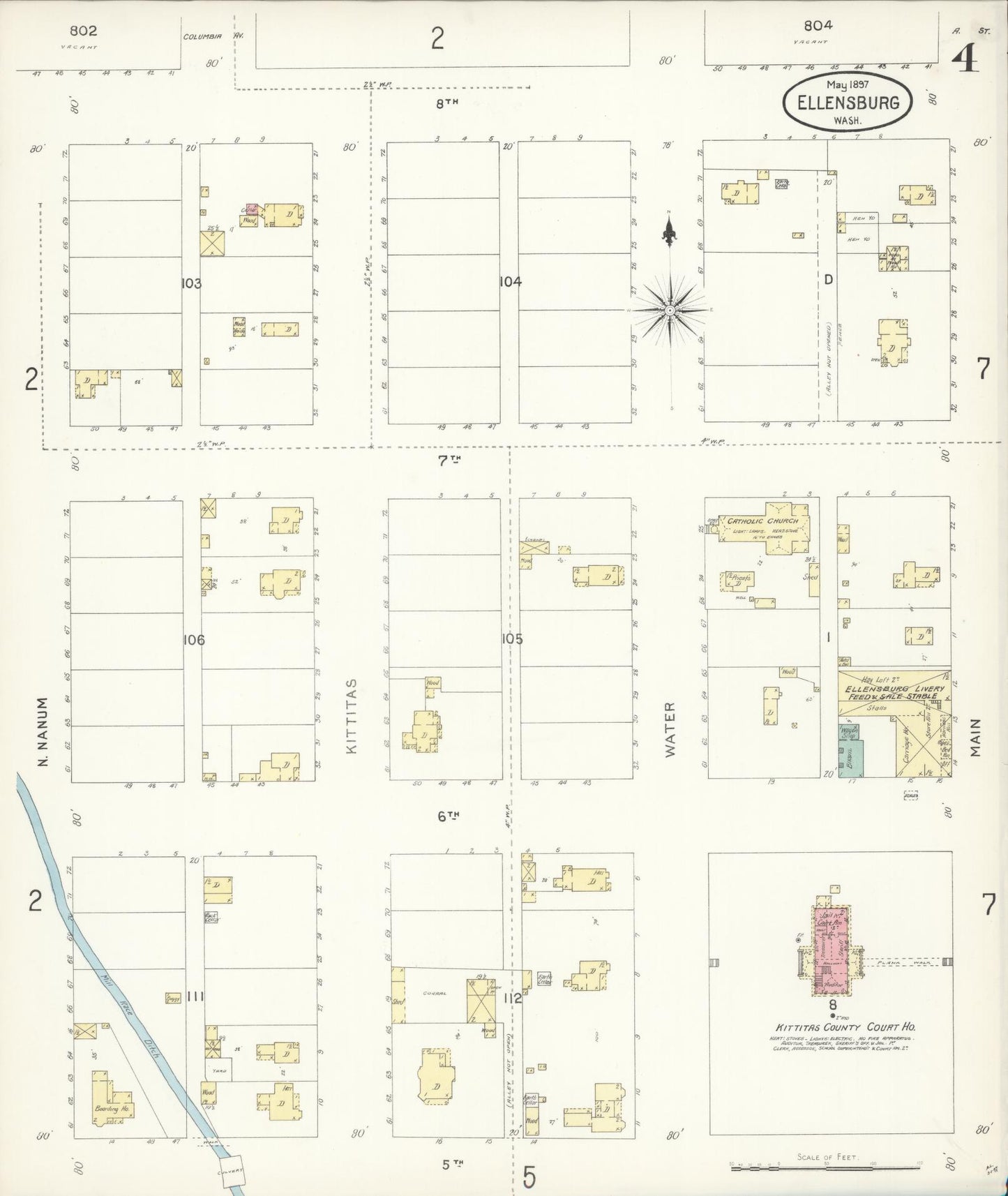 Sanborn Fire Insurance Map from Ellensburg, Kittitas County, Washington (1897), Sheet #0004 - Complete Map Set gallery image, historic Sanborn map, vintage wall art, Washington Washington