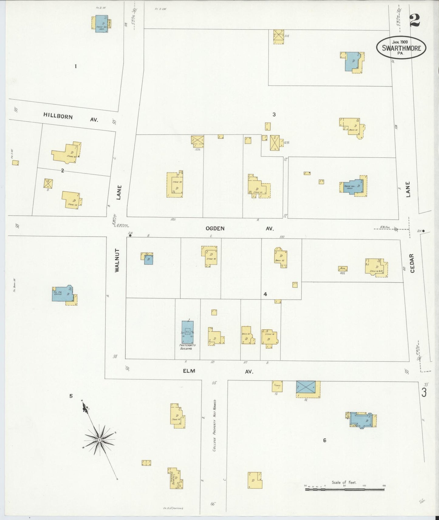 Sanborn Fire Insurance Map from Swarthmore, Delaware County, Pennsylvania (1909), Sheet #0002 - Historic Sanborn Fire Insurance Map Print, vintage old map wall art, antique decor, genealogy gift, Swarthmore Delaware map