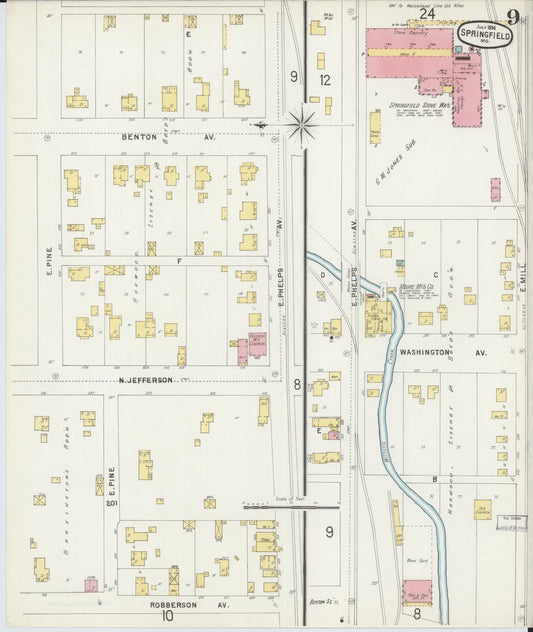 Sanborn Fire Insurance Map from Springfield, Greene County, Missouri (1896), Sheet #0009 - Historic Sanborn Fire Insurance Map Print, vintage old map wall art, antique decor, genealogy gift, Missouri Missouri map