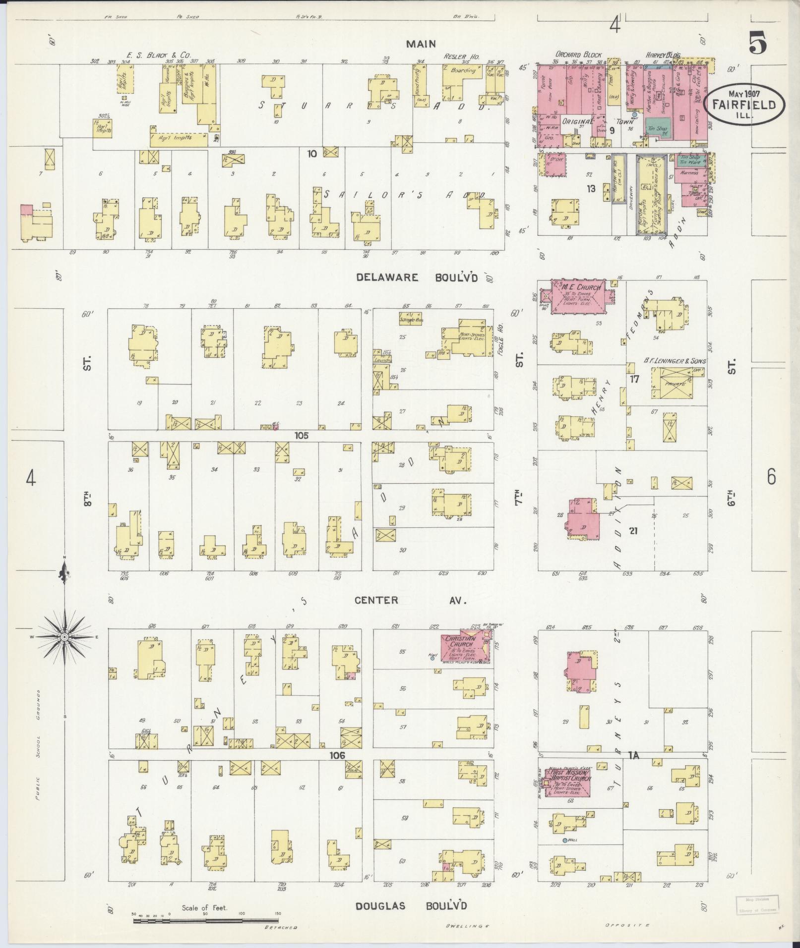 Sanborn Fire Insurance Map from Fairfield, Wayne County, Illinois (1907), Sheet #0005 - Historic Sanborn Fire Insurance Map Print, vintage old map wall art, antique decor, genealogy gift, Illinois Illinois map