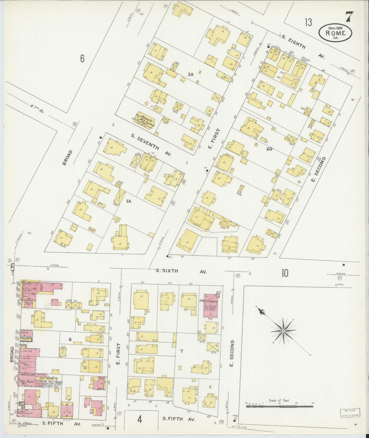 Sanborn Fire Insurance Map from Rome, Floyd County, Georgia (1909), Sheet #0007 - Historic Sanborn Fire Insurance Map Print, vintage old map wall art, antique decor, genealogy gift, Georgia Georgia map