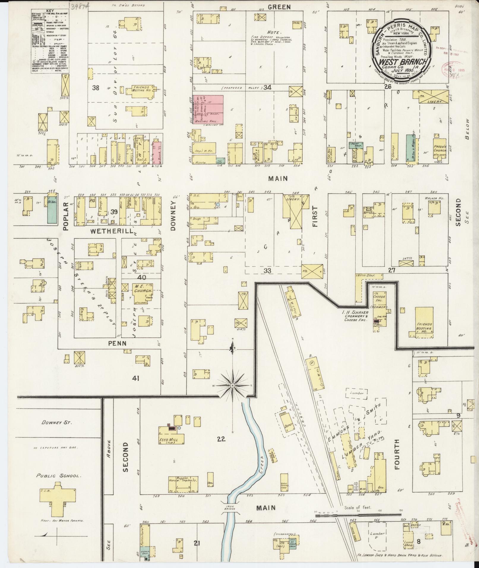 Sanborn Fire Insurance Map from West Branch, Cedar County, Iowa (1895), Sheet #0001 - Historic Sanborn Fire Insurance Map Print, vintage old map wall art