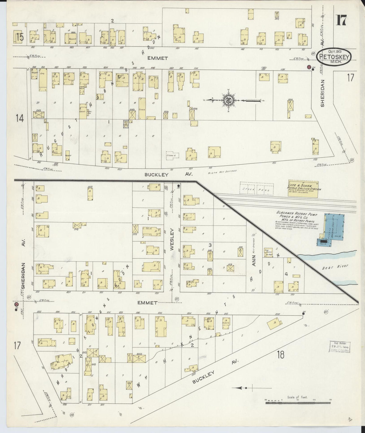 Sanborn Fire Insurance Map from Petoskey, Emmet County, Michigan (1913), Sheet #0017 - Historic Sanborn Fire Insurance Map Print, vintage old map wall art, antique decor, genealogy gift, Michigan Michigan map