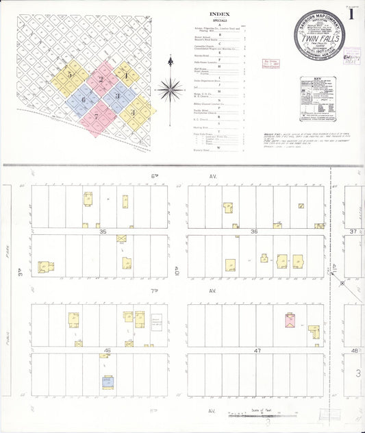 Sanborn Fire Insurance Map from Twin Falls, Twin Falls County, Idaho (1907), Sheet #0001 - Complete Map Set gallery image, historic Sanborn map, vintage wall art, Falls Idaho