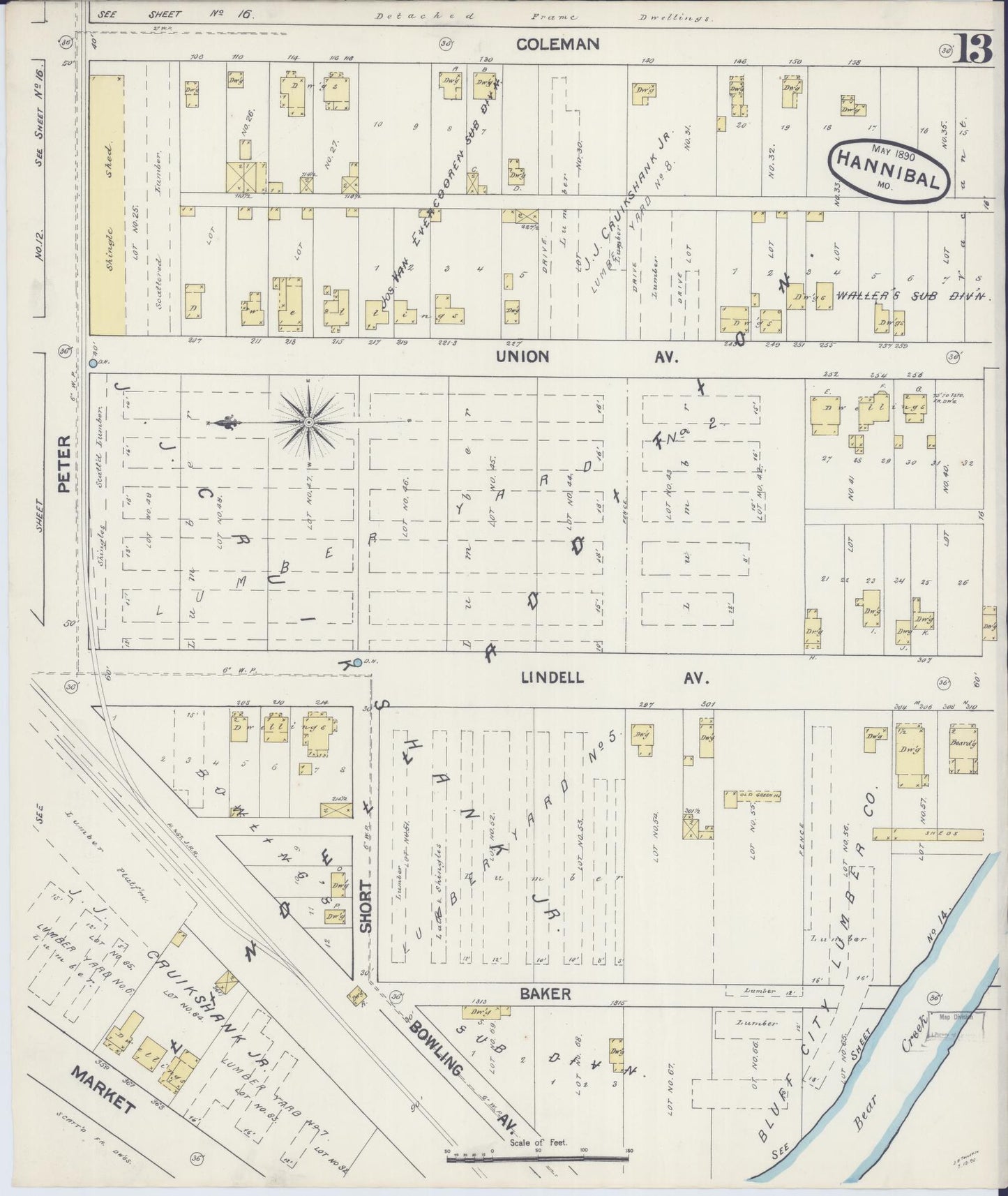 Sanborn Fire Insurance Map from Hannibal, Marion County, Missouri (1890), Sheet #0013 - Complete Map Set gallery image, historic Sanborn map, vintage wall art, Missouri Missouri