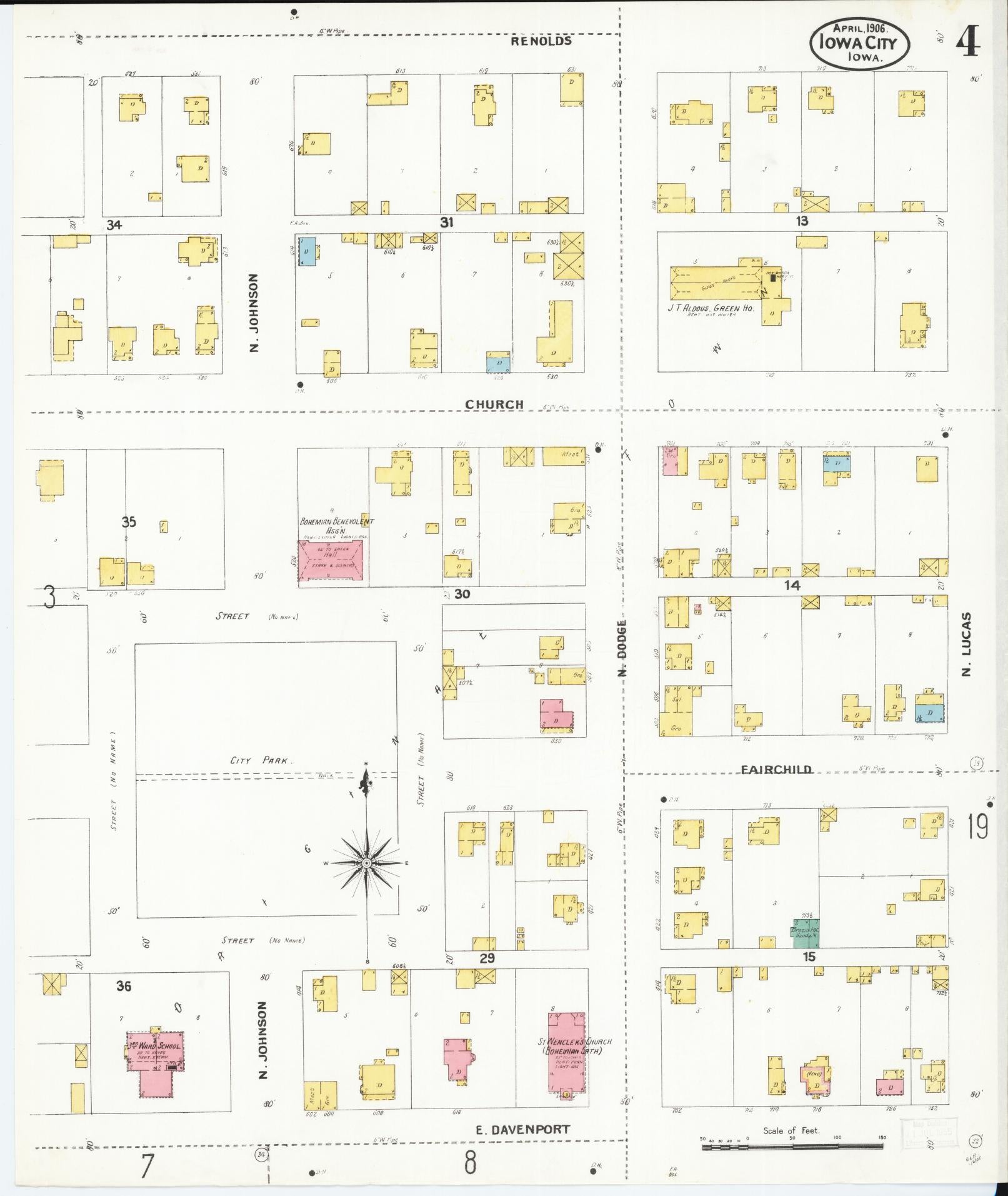 Sanborn Fire Insurance Map from Iowa City, Johnson County, Iowa (1906), Sheet #0004 - Historic Sanborn Fire Insurance Map Print, vintage old map wall art