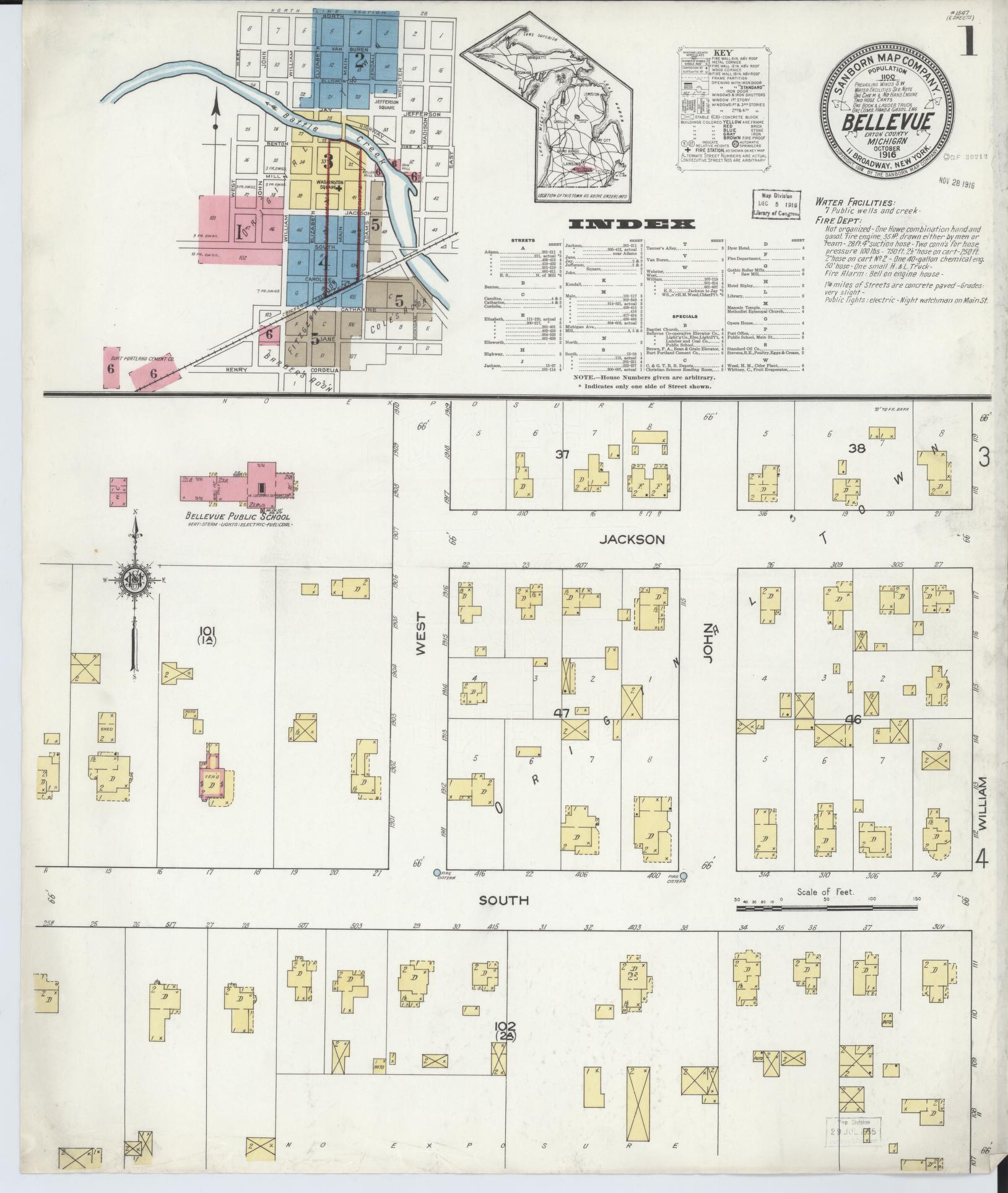Sanborn Fire Insurance Map from Bellevue, Eaton County, Michigan (1916), Sheet #0001 - Complete Map Set gallery image, historic Sanborn map, vintage wall art, Michigan Michigan