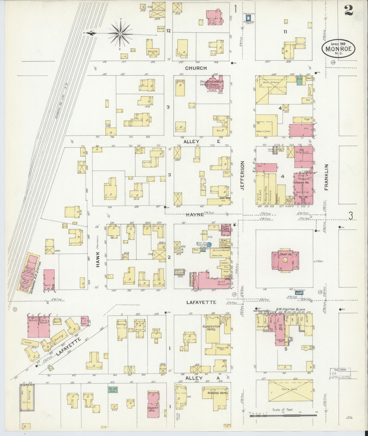 Sanborn Fire Insurance Map from Monroe, Union County, North Carolina (1908), Sheet #0002 - Historic Sanborn Fire Insurance Map Print, vintage old map wall art, antique decor, genealogy gift, North Carolina North Carolina map