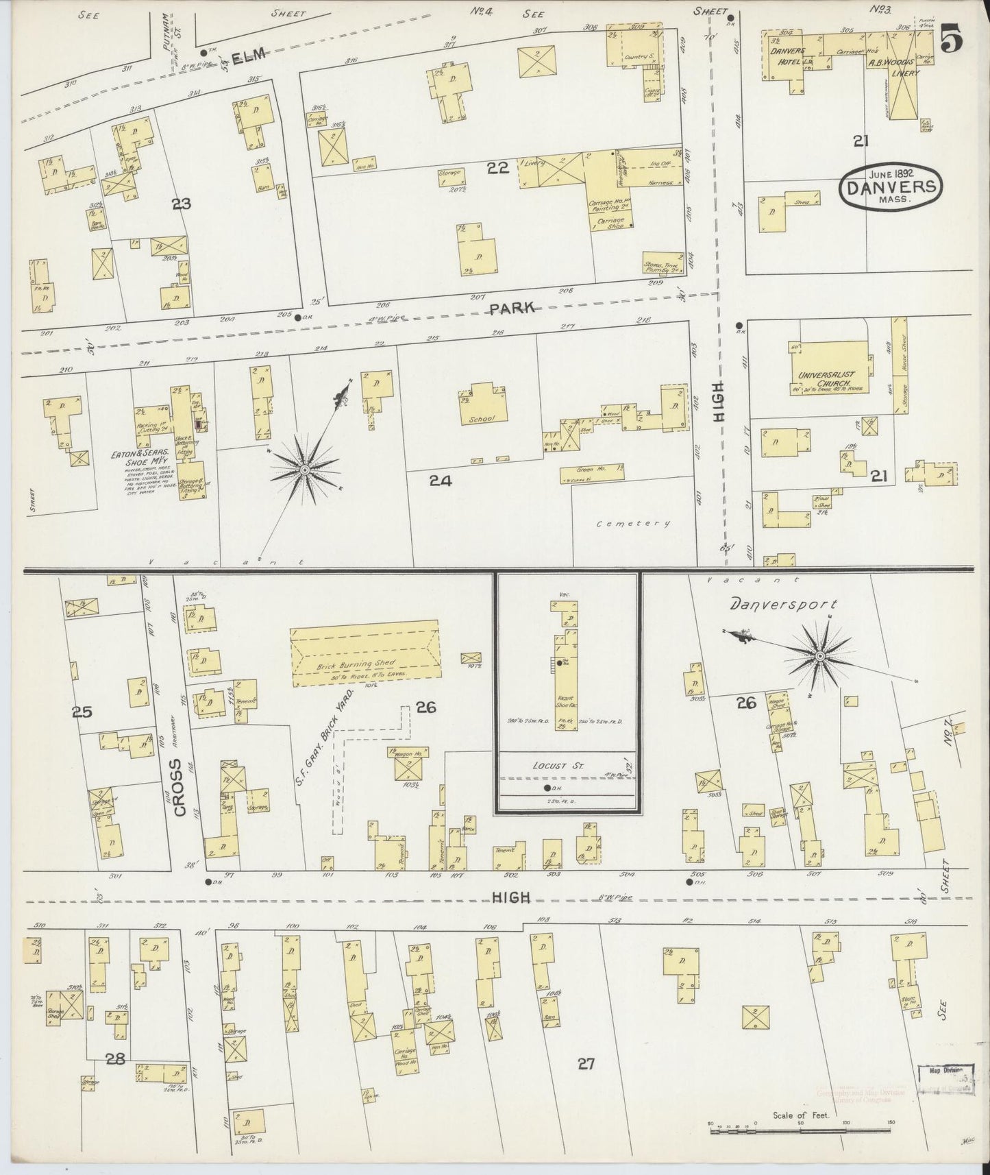 Sanborn Fire Insurance Map from Danvers, Essex County, Massachusetts (1892), Sheet #0005 - Complete Map Set gallery image, historic Sanborn map, vintage wall art, Massachusetts Massachusetts