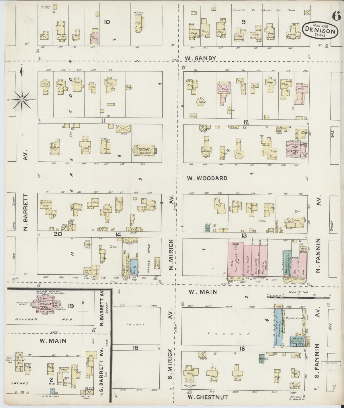 Sanborn Fire Insurance Map from Denison, Grayson County, Texas (1888), Sheet #0006 - Complete Map Set gallery image, historic Sanborn map, vintage wall art, Texas Texas