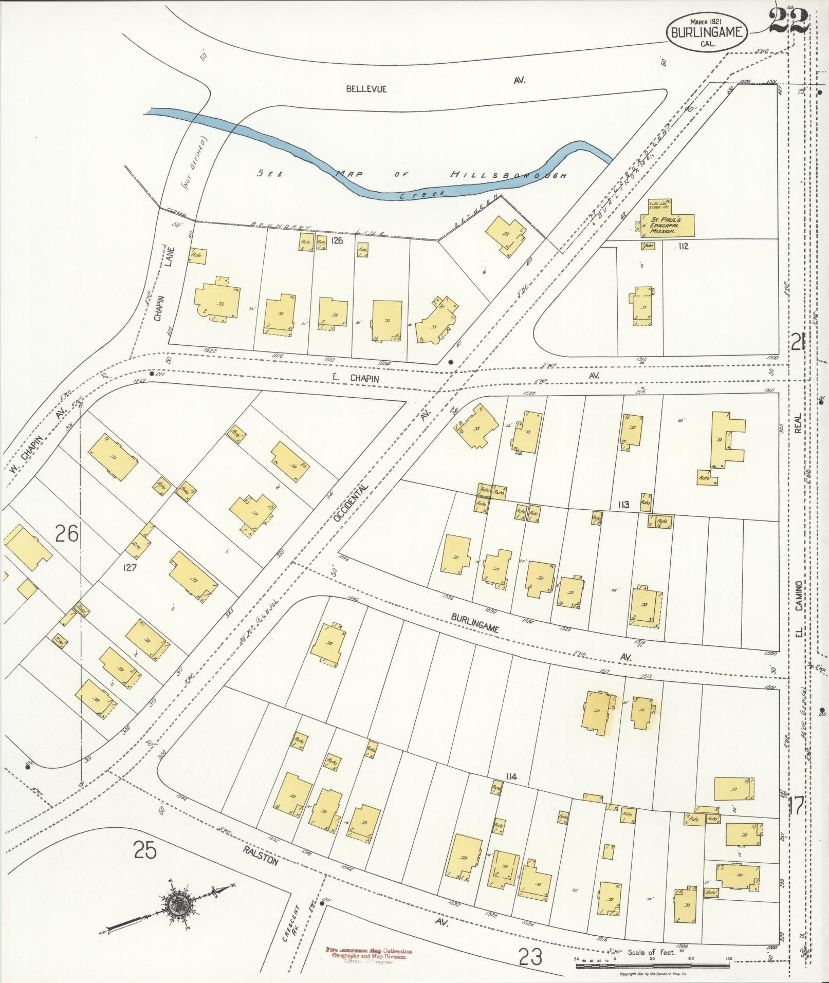 Sanborn Fire Insurance Map from Burlingame, San Mateo County, California (1921), Sheet #0022 - Historic Sanborn Fire Insurance Map Print, vintage old map wall art, antique decor, genealogy gift, California California map