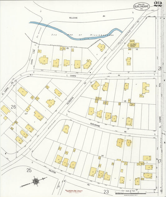 Sanborn Fire Insurance Map from Burlingame, San Mateo County, California (1921), Sheet #0022 - Historic Sanborn Fire Insurance Map Print, vintage old map wall art, antique decor, genealogy gift, California California map