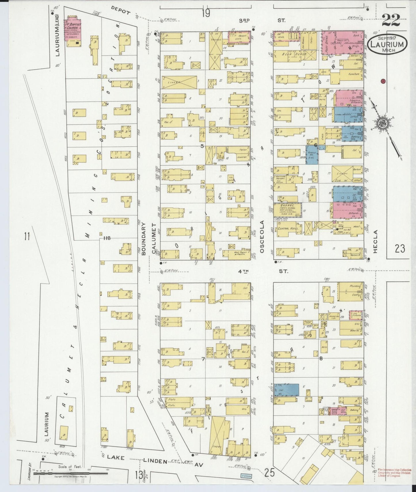 Sanborn Fire Insurance Map from Laurium, Houghton County, Michigan (1917), Sheet #0022 - Complete Map Set gallery image, historic Sanborn map, vintage wall art, Michigan Michigan