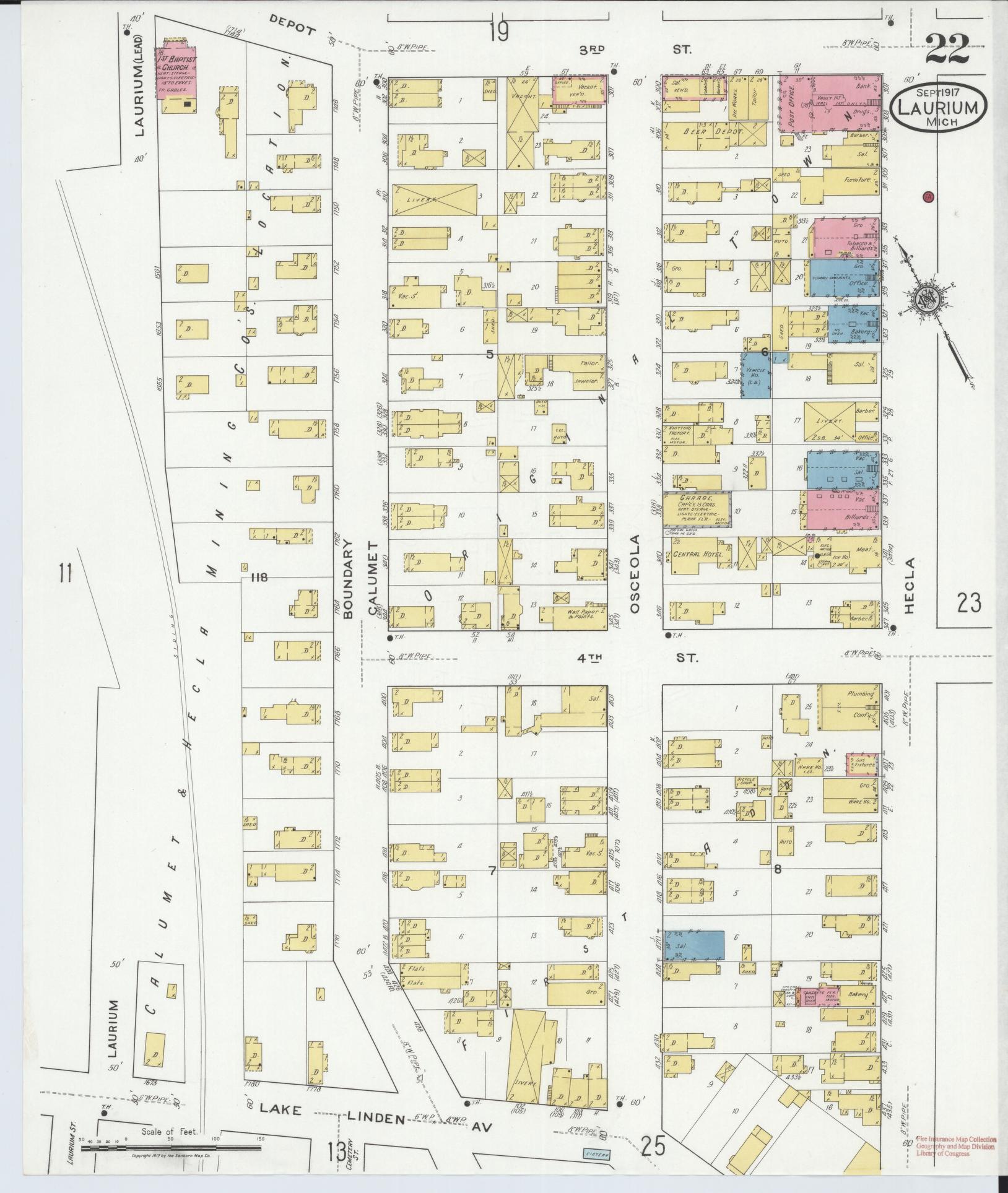 Sanborn Fire Insurance Map from Laurium, Houghton County, Michigan (1917), Sheet #0022 - Complete Map Set gallery image, historic Sanborn map, vintage wall art, Michigan Michigan