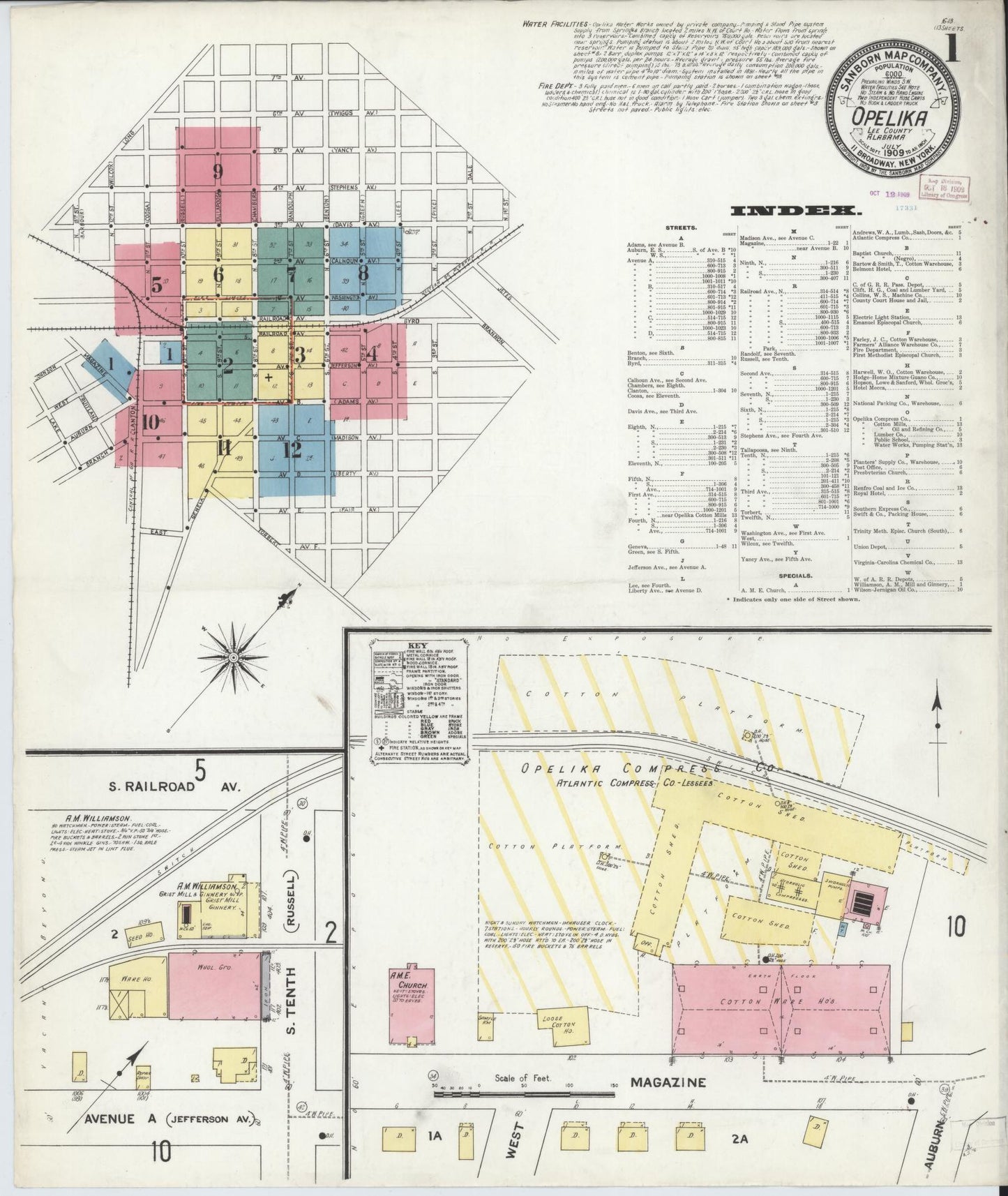Sanborn Fire Insurance Map from Opelika, Lee County, Alabama (1909), Sheet #0001 - Historic Sanborn Fire Insurance Map Print, vintage old map wall art, antique decor, genealogy gift, Alabama Alabama map