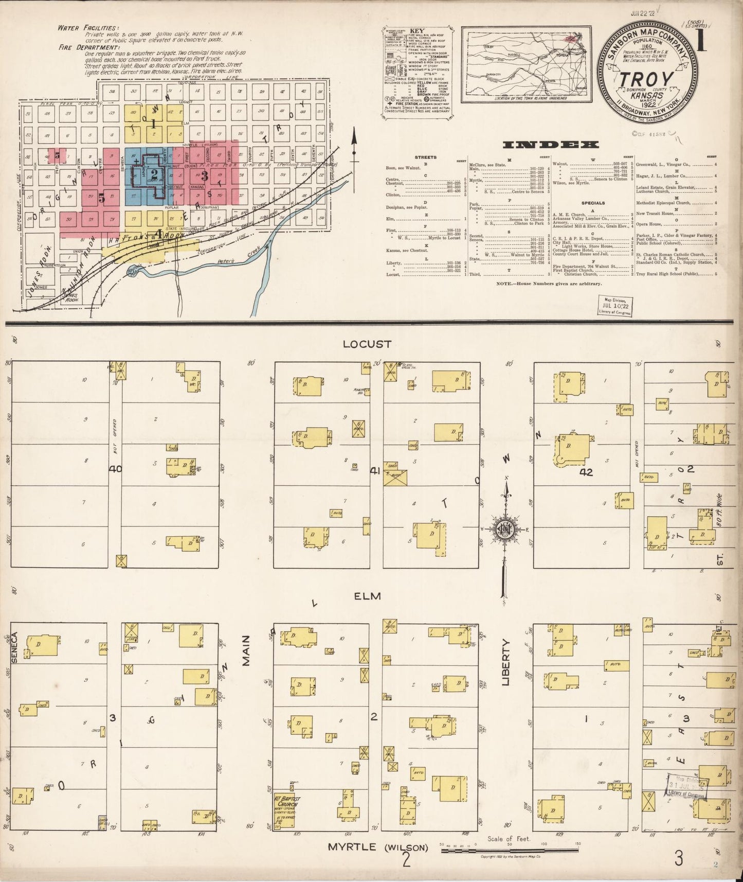 Sanborn Fire Insurance Map from Troy, Doniphan County, Kansas (1922), Sheet #0001 - Complete Map Set gallery image, historic Sanborn map, vintage wall art, Kansas Kansas