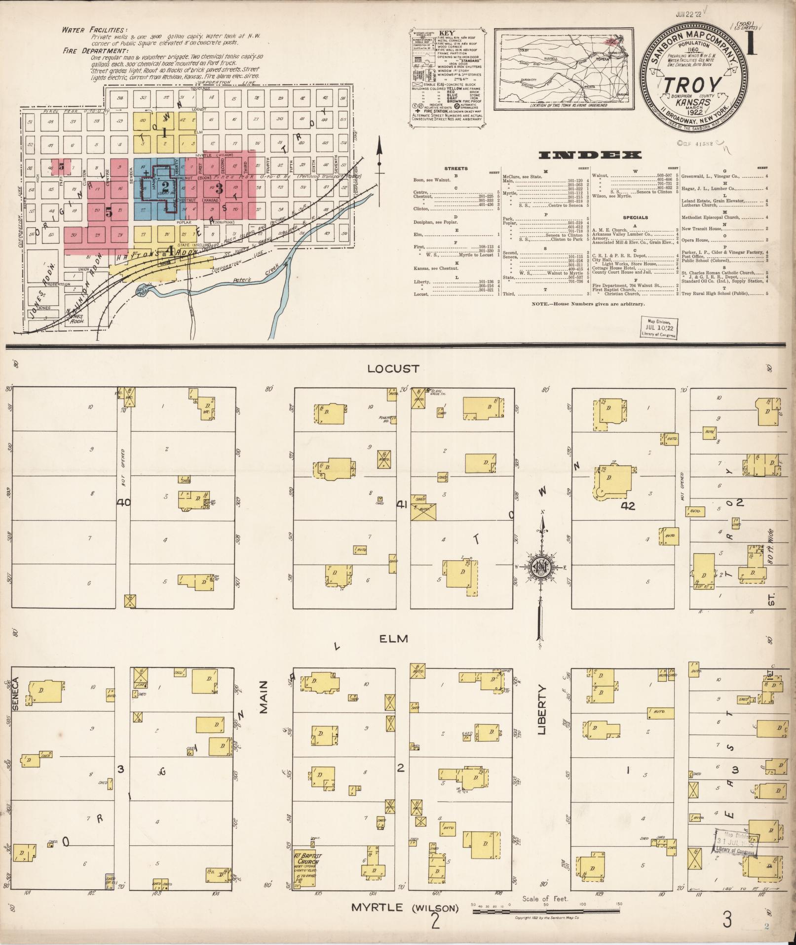 Sanborn Fire Insurance Map from Troy, Doniphan County, Kansas (1922), Sheet #0001 - Complete Map Set gallery image, historic Sanborn map, vintage wall art, Kansas Kansas
