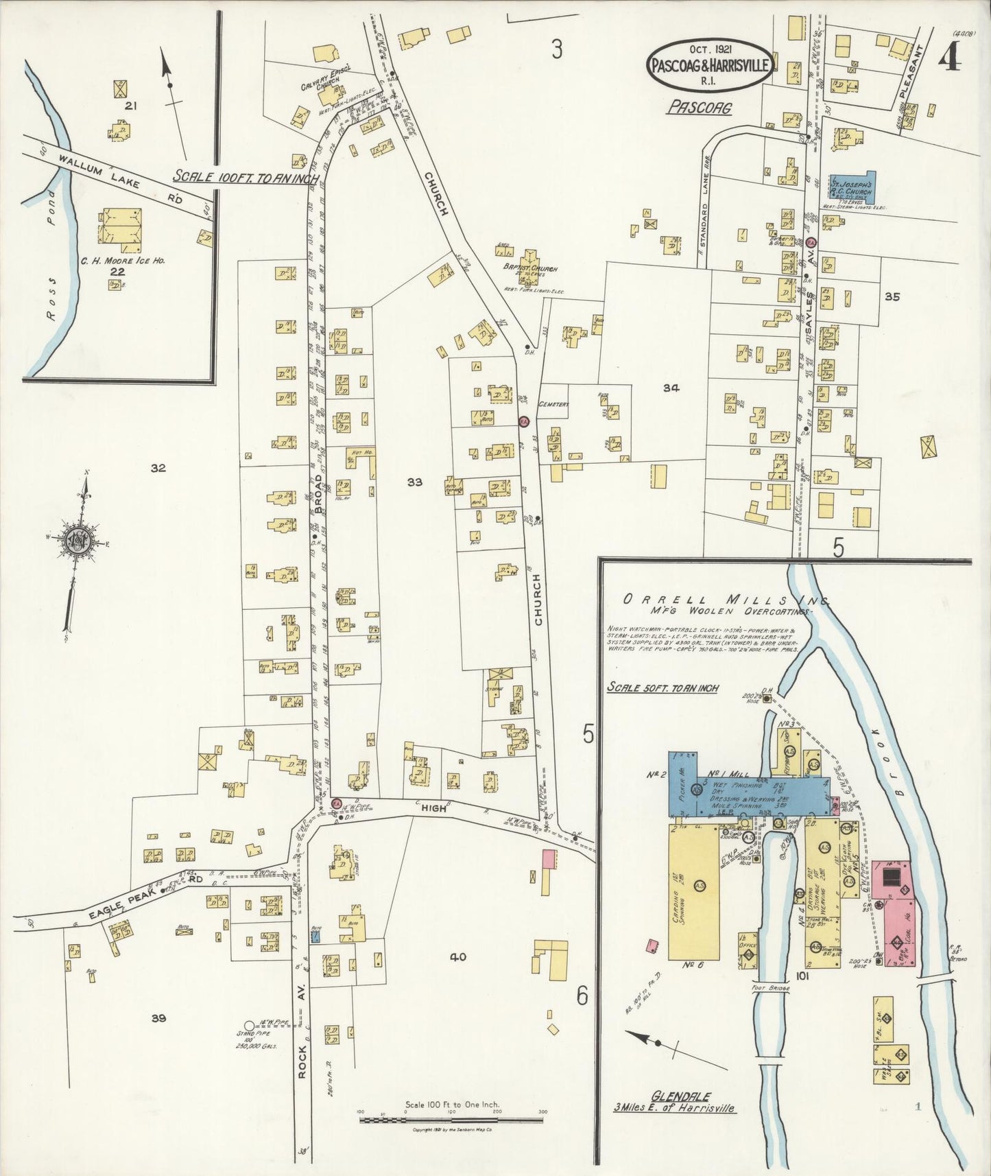Sanborn Fire Insurance Map from Pascoag, Providence County, Rhode Island (1921), Sheet #0004 - Complete Map Set gallery image, historic Sanborn map, vintage wall art, Rhode Island Rhode Island