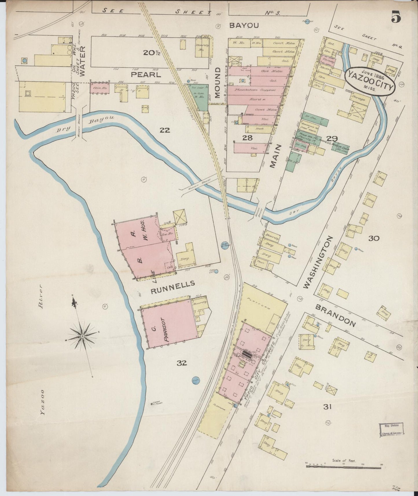 Sanborn Fire Insurance Map from Yazoo City, Yazoo County, Mississippi (1886), Sheet #0005 - Complete Map Set gallery image, historic Sanborn map, vintage wall art, Mississippi Mississippi