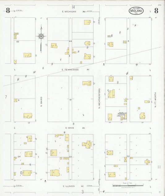Sanborn Fire Insurance Map from Midland, Midland County, Texas (1929), Sheet #0008 - Historic Sanborn Fire Insurance Map Print, vintage old map wall art, antique decor, genealogy gift, Texas Texas map