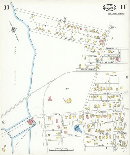 Sanborn Fire Insurance Map from Salisbury, Wicomico County, Maryland (1923), Sheet #0011 - Historic Sanborn Fire Insurance Map Print, vintage old map wall art
