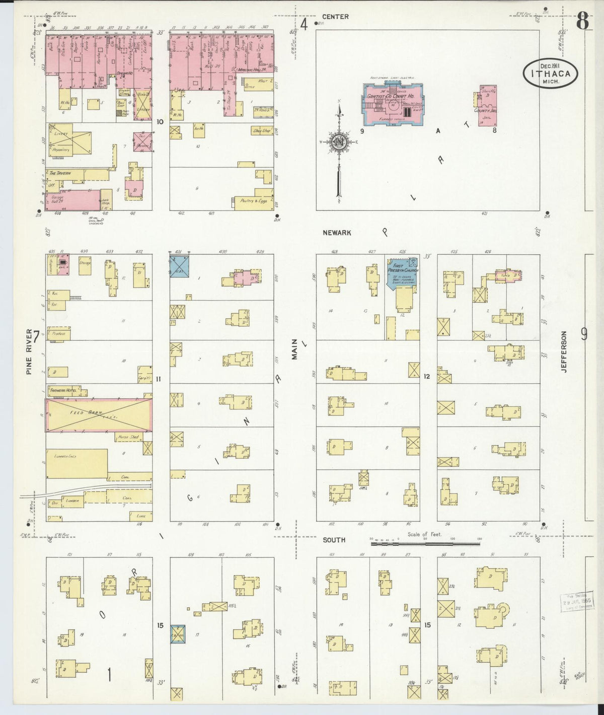 Sanborn Fire Insurance Map from Ithaca, Gratiot County, Michigan (1911), Sheet #0008 - Historic Sanborn Fire Insurance Map Print, vintage old map wall art, antique decor, genealogy gift, Michigan Michigan map