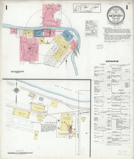 Sanborn Fire Insurance Map from Newport, Cocke County, Tennessee (1927), Sheet #0001 - Historic Sanborn Fire Insurance Map Print, vintage old map wall art, antique decor, genealogy gift, Tennessee Tennessee map