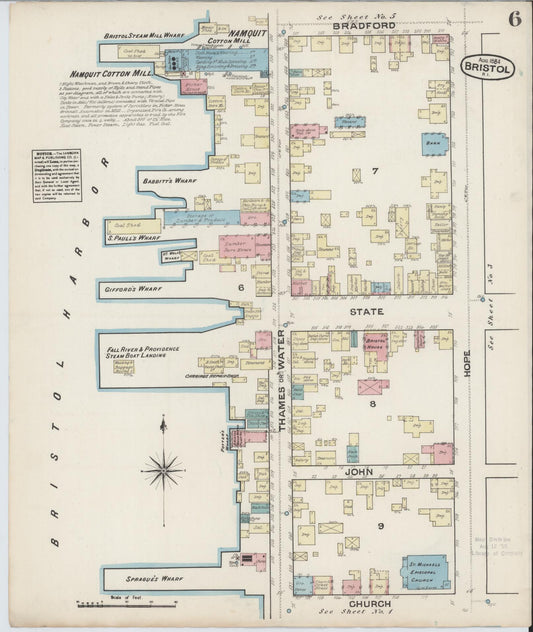 Sanborn Fire Insurance Map from Bristol, Bristol County, Rhode Island (1884), Sheet #0006 - Historic Sanborn Fire Insurance Map Print, vintage old map wall art, antique decor, genealogy gift, Rhode Island Rhode Island map
