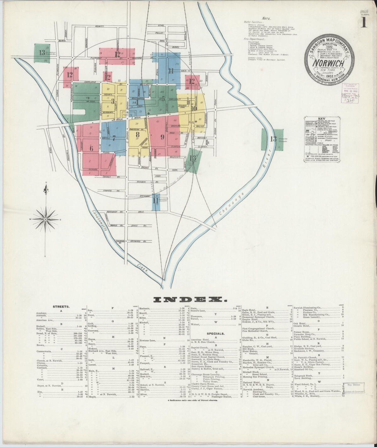 Sanborn Fire Insurance Map from Norwich, Chenango County, New York (1903), Sheet #0001 - Complete Map Set gallery image, historic Sanborn map, vintage wall art, New York New York