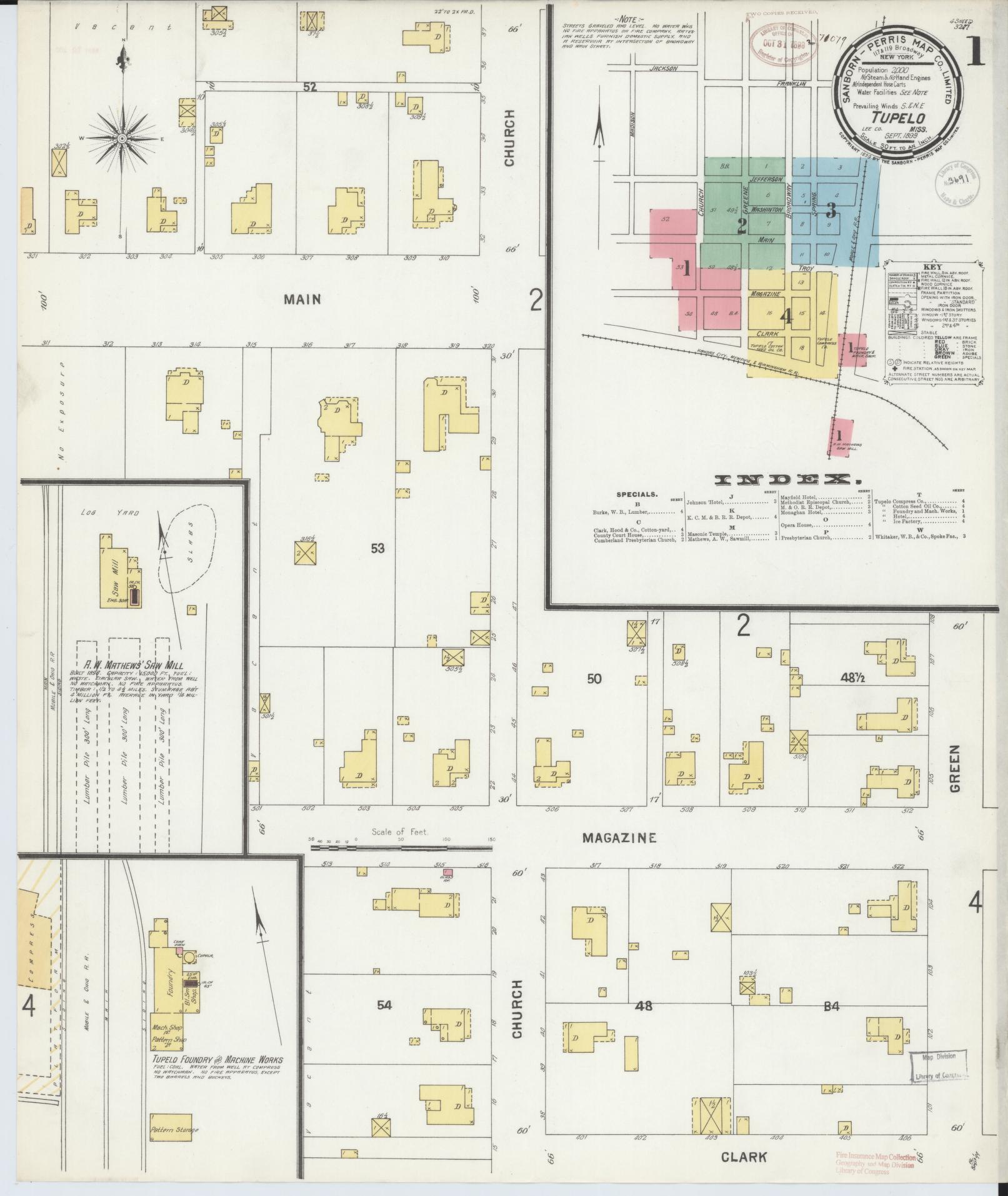 Sanborn Fire Insurance Map from Tupelo, Lee County, Mississippi (1899), Sheet #0001 - Complete Map Set gallery image, historic Sanborn map, vintage wall art, Mississippi Mississippi