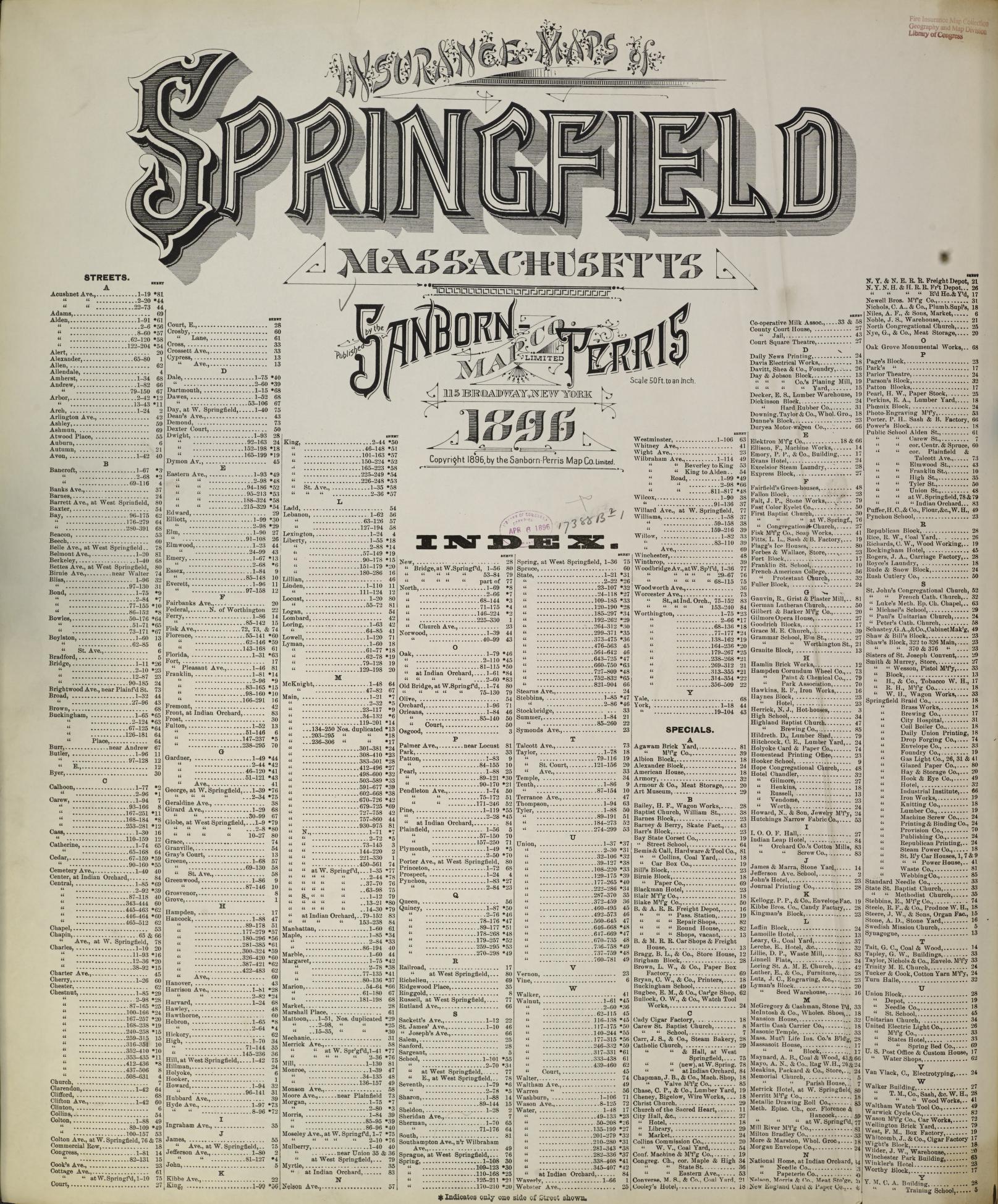 Sanborn Fire Insurance Map from Springfield, Hampden County, Massachusetts (1896), Sheet #0001 - Historic Sanborn Fire Insurance Map Print, vintage old map wall art, antique decor, genealogy gift, Massachusetts Massachusetts map
