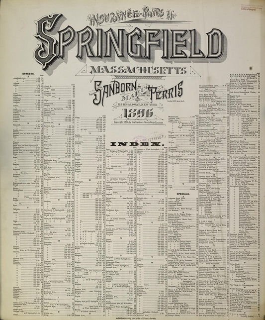 Sanborn Fire Insurance Map from Springfield, Hampden County, Massachusetts (1896), Sheet #0001 - Historic Sanborn Fire Insurance Map Print, vintage old map wall art, antique decor, genealogy gift, Massachusetts Massachusetts map