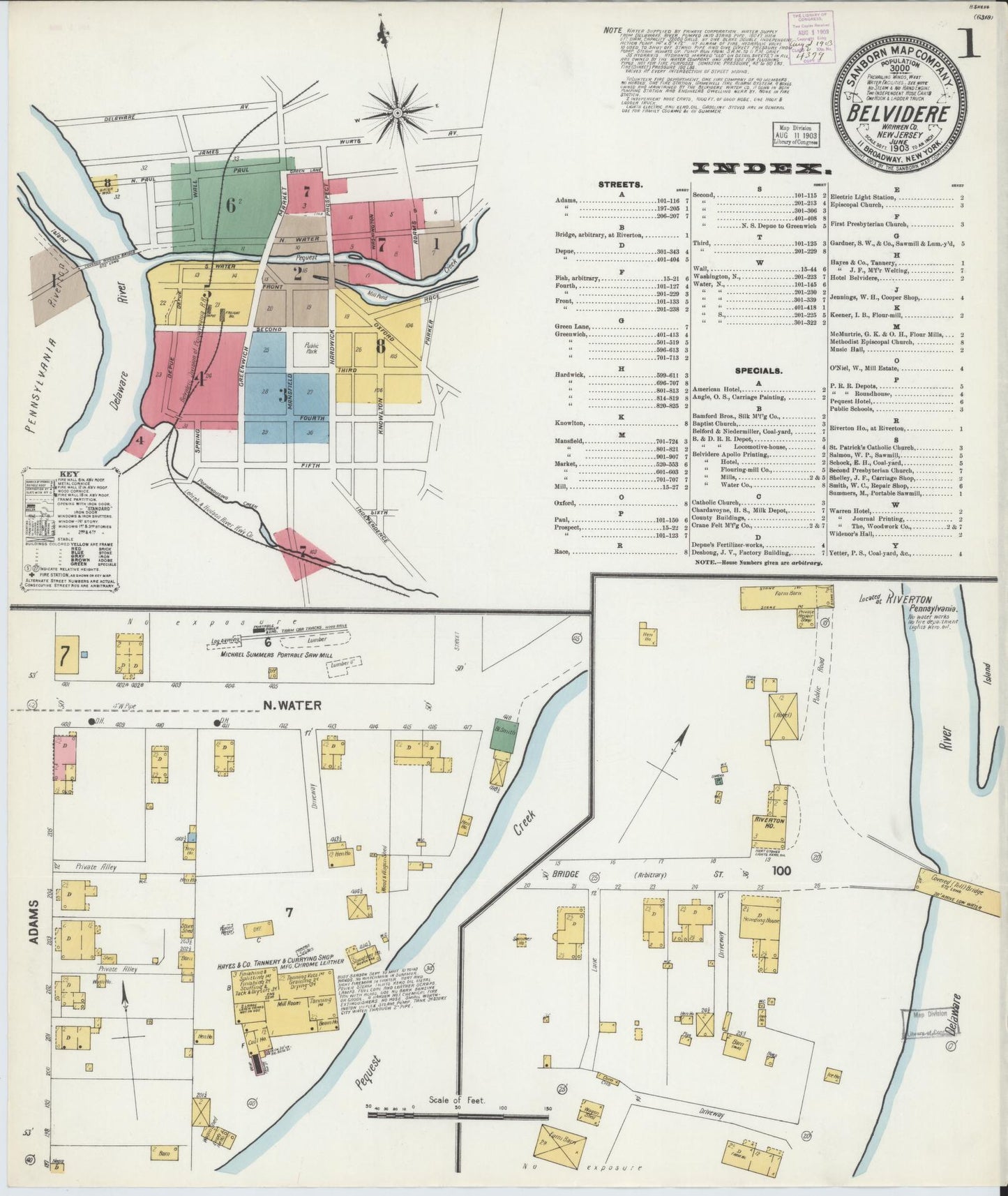 Sanborn Fire Insurance Map from Belvidere, Warren County, New Jersey (1903), Sheet #0001 - Historic Sanborn Fire Insurance Map Print, vintage old map wall art, antique decor, genealogy gift, Pennsylvania Pennsylvania map