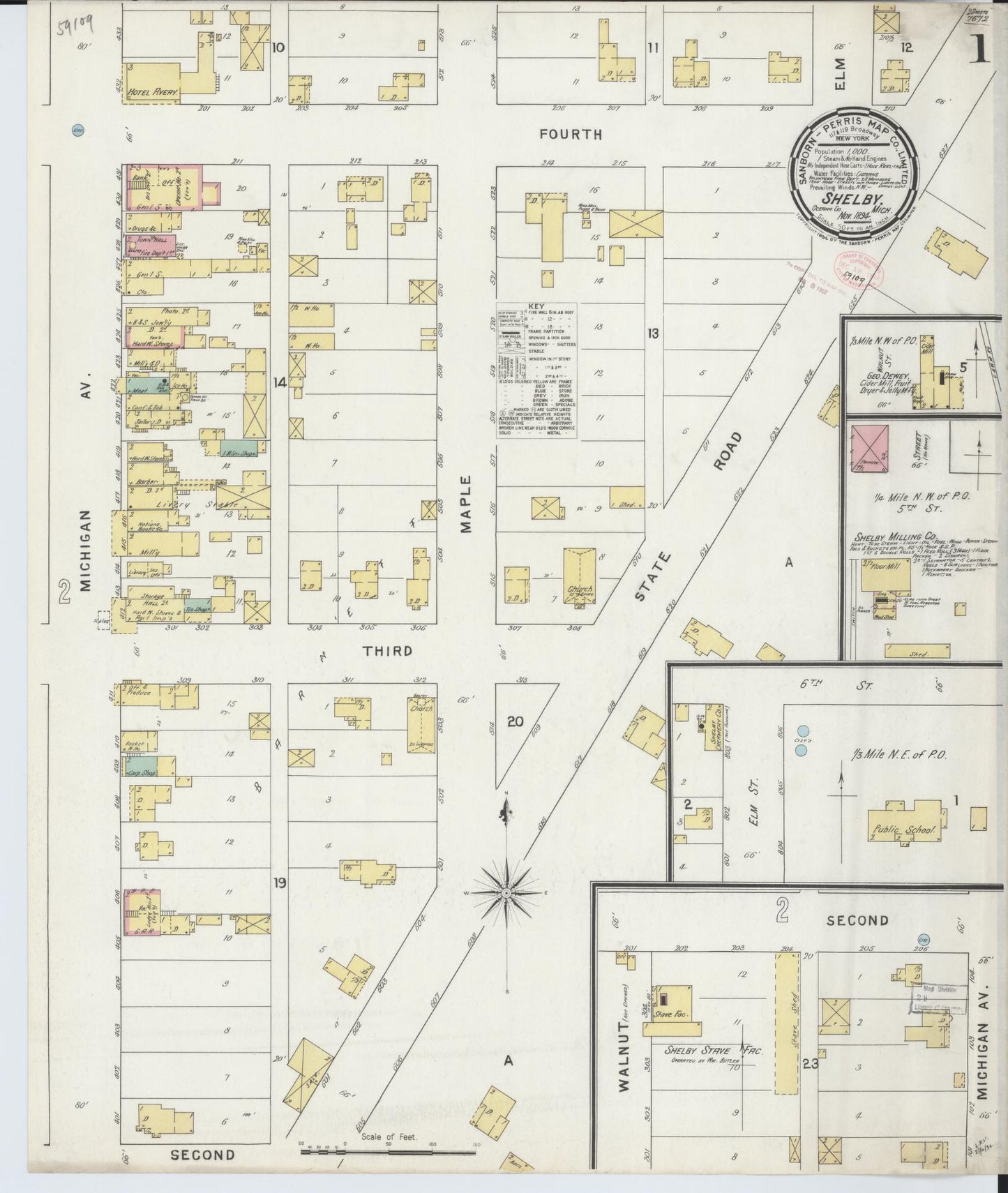 Sanborn Fire Insurance Map from Shelby, Oceana County, Michigan (1894), Sheet #0001 - Historic Sanborn Fire Insurance Map Print, vintage old map wall art, antique decor, genealogy gift, Michigan Michigan map