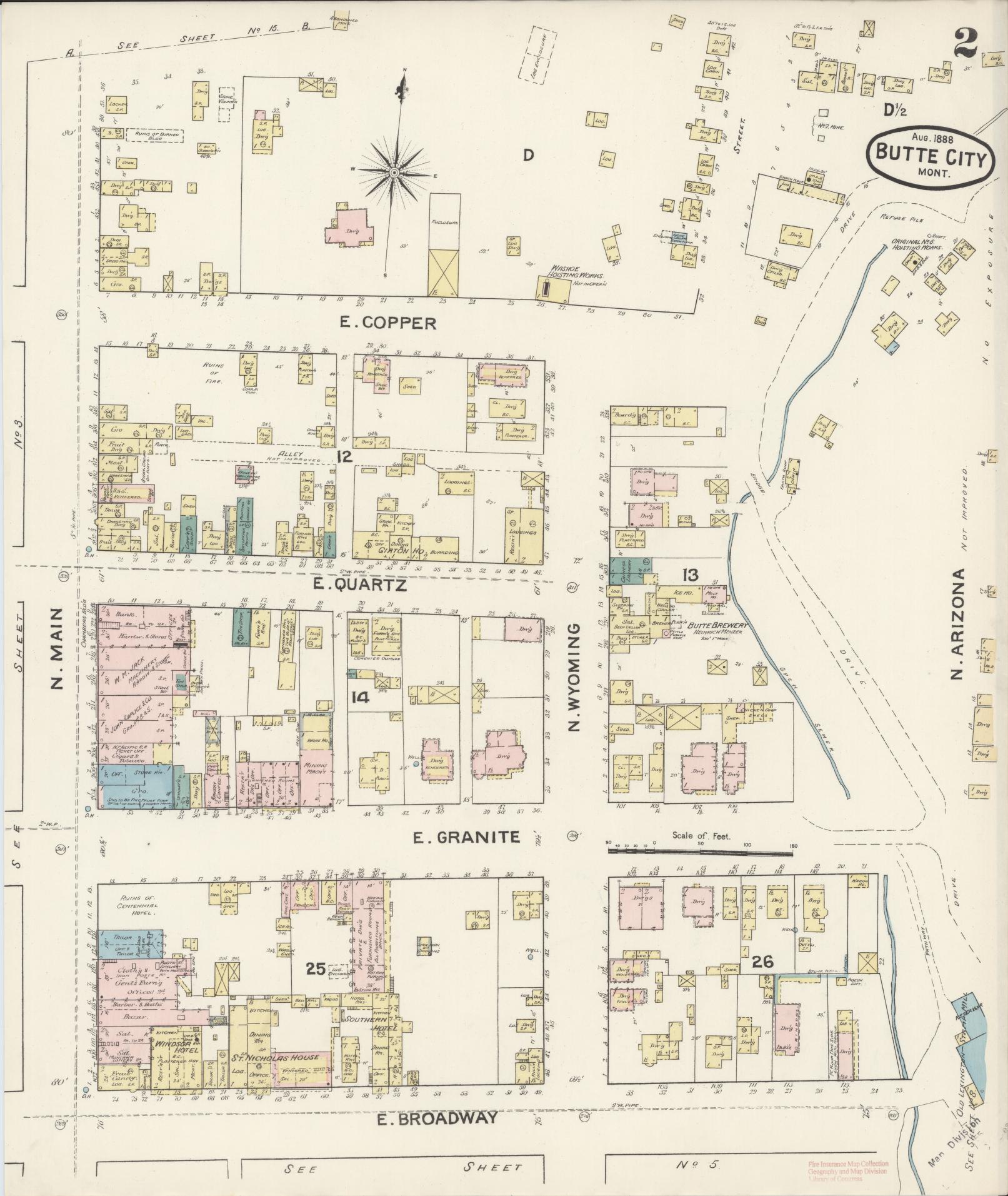 Sanborn Fire Insurance Map from Butte, Silver Bow County, Montana (1888), Sheet #0002 - Complete Map Set gallery image, historic Sanborn map, vintage wall art, Montana Montana