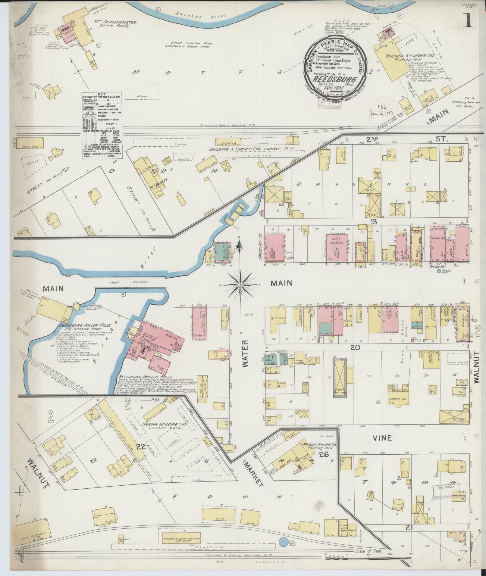 Sanborn Fire Insurance Map from Reedsburg, Sauk County, Wisconsin (1892), Sheet #0001 - Complete Map Set gallery image, historic Sanborn map, vintage wall art, Wisconsin Wisconsin