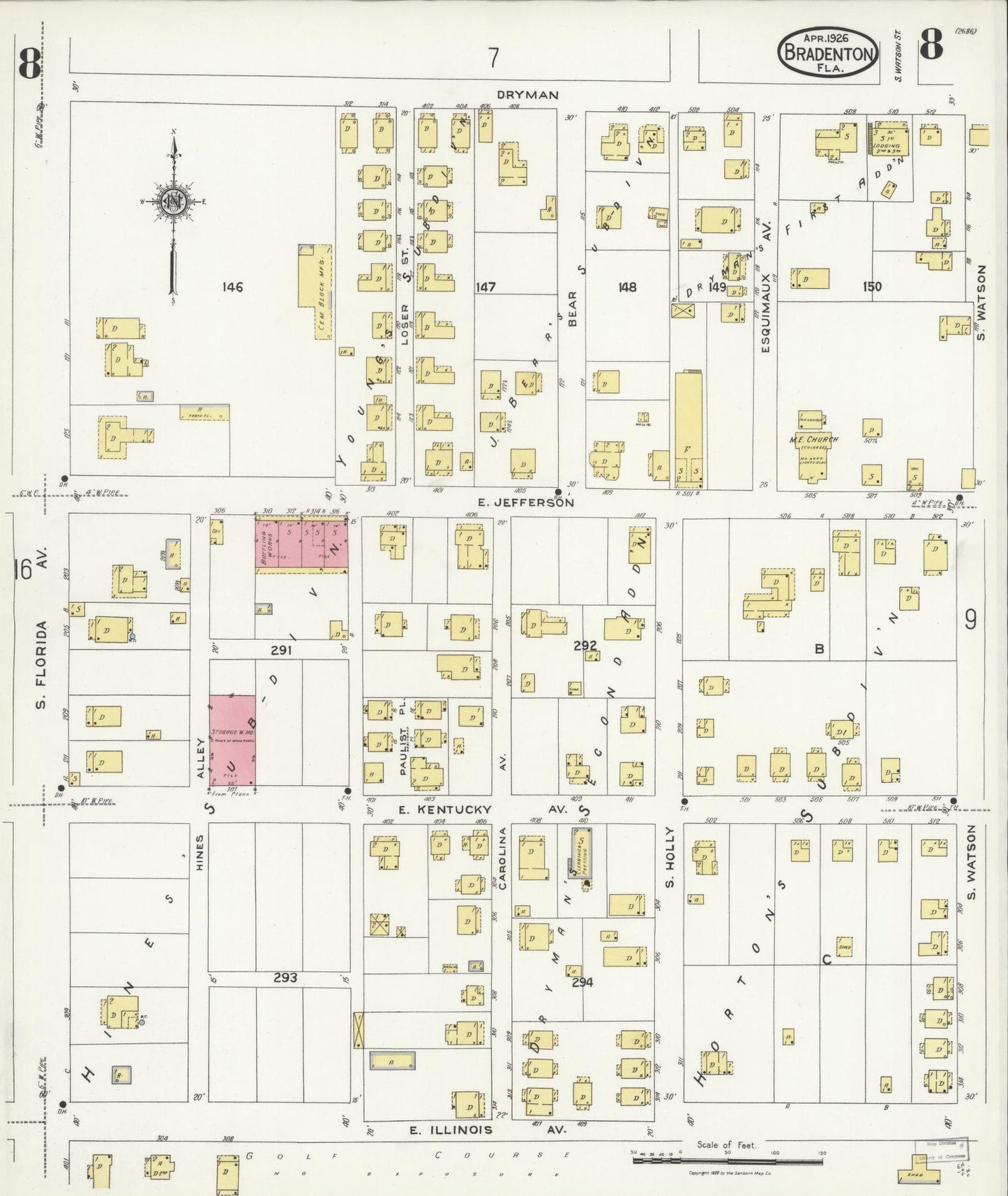 Sanborn Fire Insurance Map from Bradentown, Manatee County, Florida (1926), Sheet #0008 - Historic Sanborn Fire Insurance Map Print, vintage old map wall art, antique decor, genealogy gift, Florida Florida map