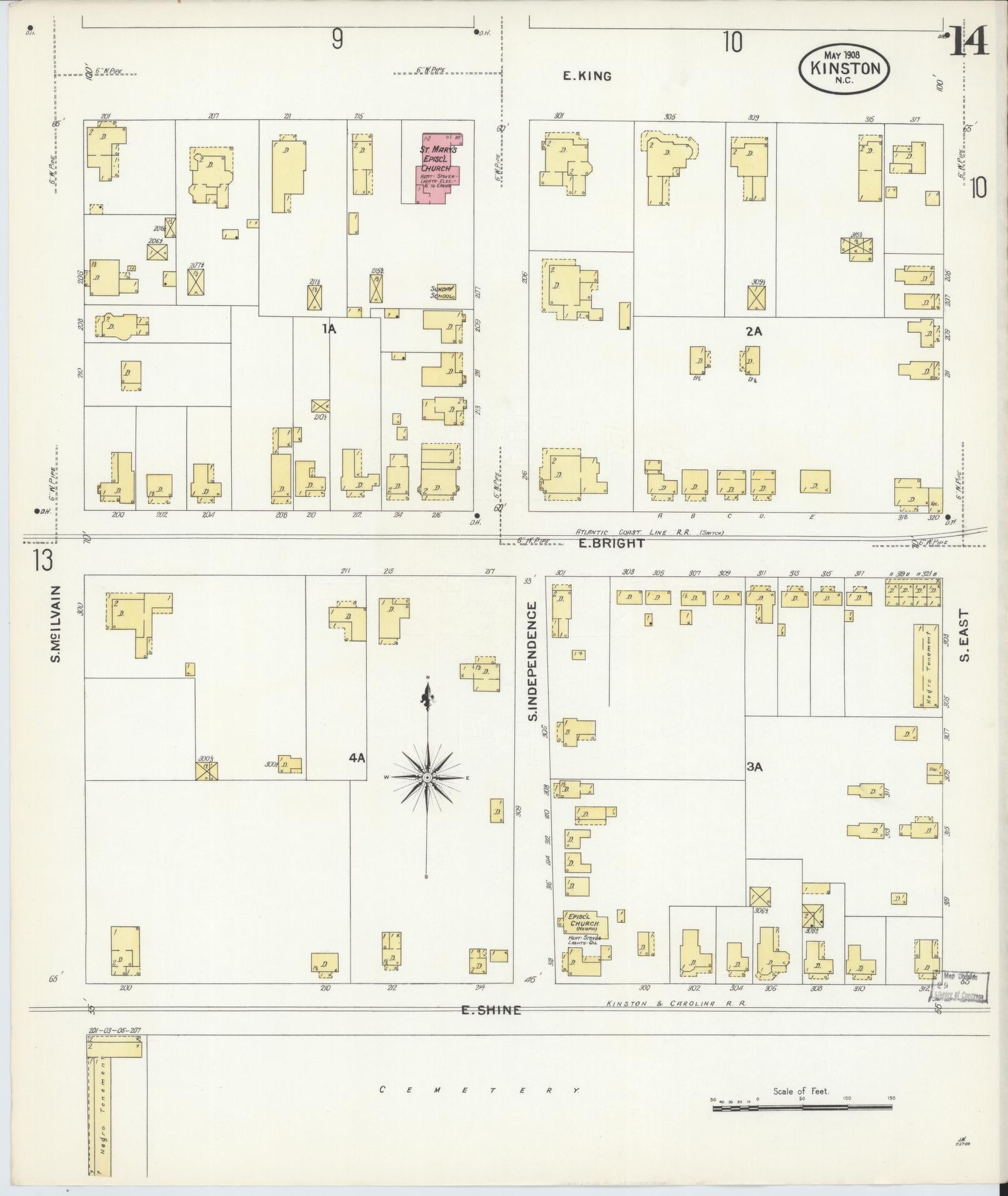 Sanborn Fire Insurance Map from Kinston, Lenoir County, North Carolina (1908), Sheet #0014 - Complete Map Set gallery image, historic Sanborn map, vintage wall art, North Carolina North Carolina