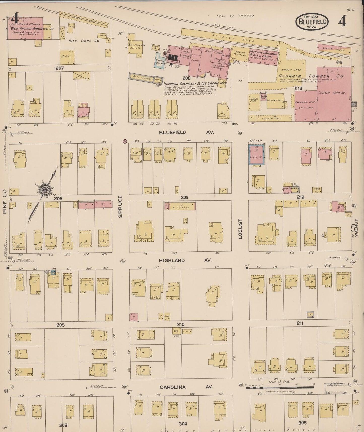 Sanborn Fire Insurance Map from Bluefield, Mercer County, West Virginia (1922), Sheet #0004 - Historic Sanborn Fire Insurance Map Print, vintage old map wall art, antique decor, genealogy gift, West Virginia West Virginia map