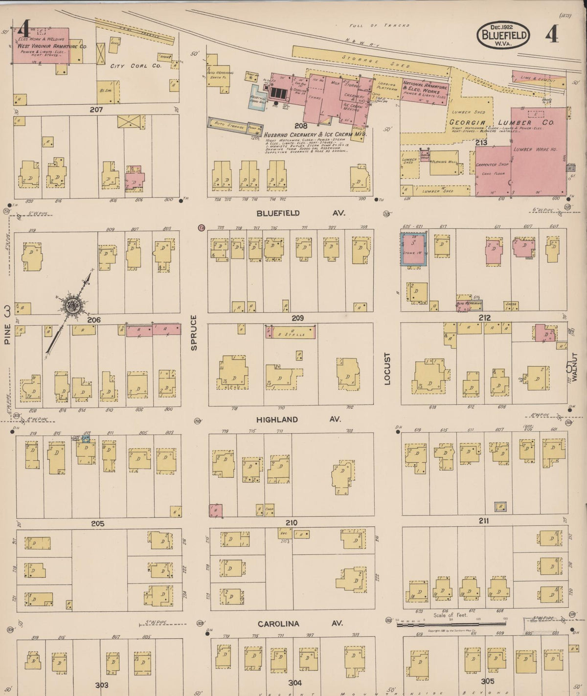 Sanborn Fire Insurance Map from Bluefield, Mercer County, West Virginia (1922), Sheet #0004 - Historic Sanborn Fire Insurance Map Print, vintage old map wall art, antique decor, genealogy gift, West Virginia West Virginia map