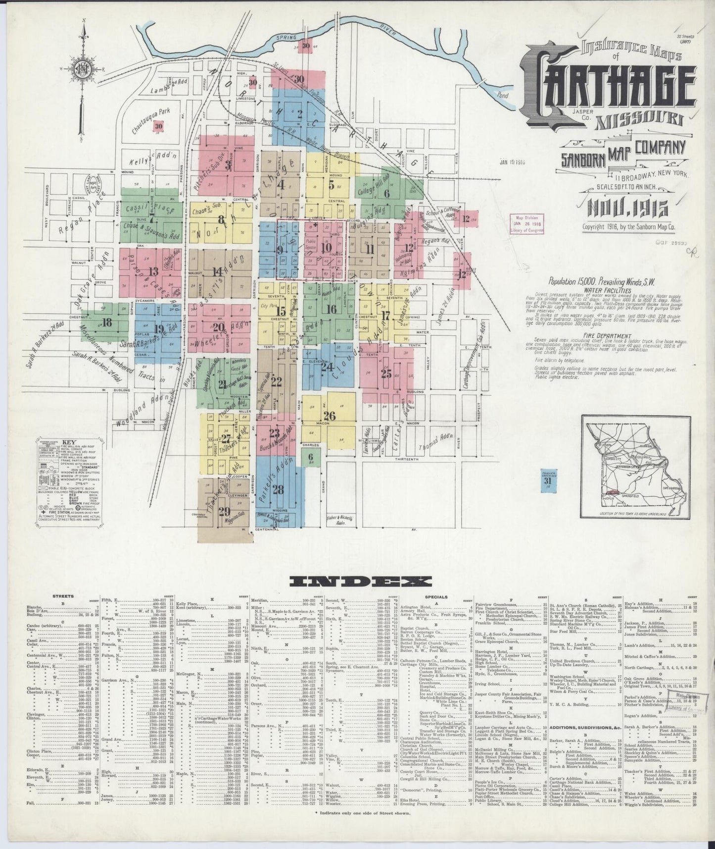 Sanborn Fire Insurance Map from Carthage, Jasper County, Missouri (1915), Sheet #0001 - Complete Map Set gallery image, historic Sanborn map, vintage wall art, Missouri Missouri