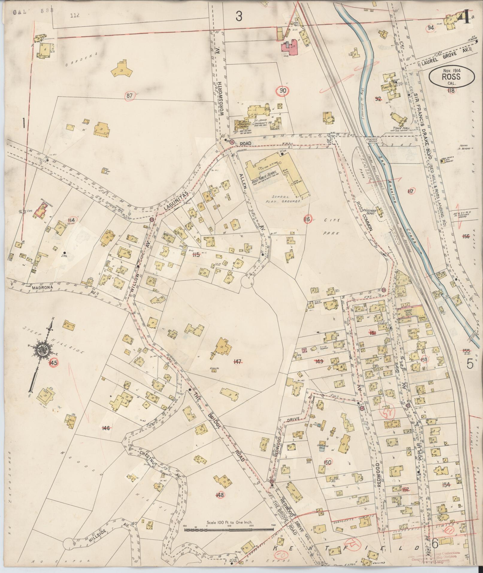 Sanborn Fire Insurance Map from Ross, Marin County, California (1942), Sheet #0004 - Complete Map Set gallery image, historic Sanborn map, vintage wall art, California California