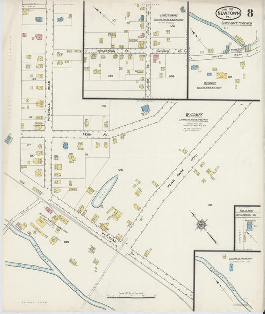 Sanborn Fire Insurance Map from Newtown, Bucks County, Pennsylvania (1915), Sheet #0008 - Historic Sanborn Fire Insurance Map Print, vintage old map wall art, antique decor, genealogy gift, Pennsylvania Pennsylvania map