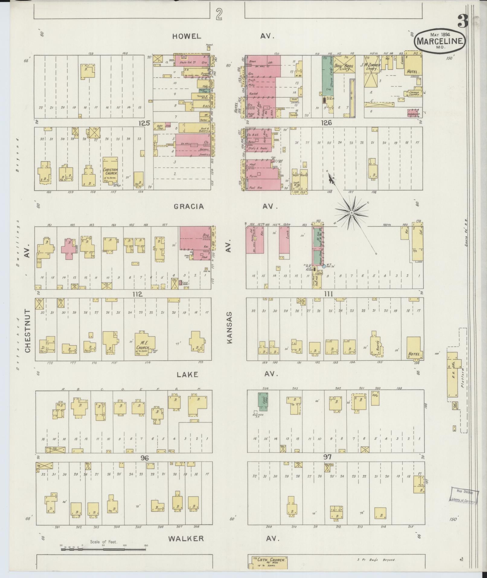 Sanborn Fire Insurance Map from Marceline, Linn County, Missouri (1894), Sheet #0003 - Historic Sanborn Fire Insurance Map Print, vintage old map wall art, antique decor, genealogy gift, Missouri Missouri map